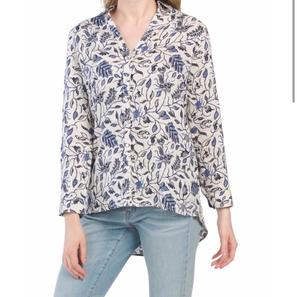 100% Linen Rachel Zoe Blue/Gray Floral Shirt Long Sleeves Roll Tab Buttons Sz M - Picture 3 of 10